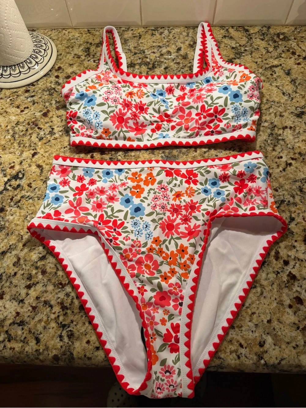 Floral Cottagecore High-Waist Bikini Set with Red Trim NWOT | size Medium